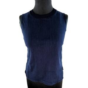 VINCE Navy Blue Linen Blend Ribbed Crew Neck Sleeveless Top Tank XS X-Small